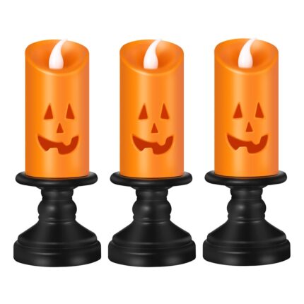Set 3 lumanari decorative Koungiam, Tema Halloween, Lumina LED, Plastic, 5.5x13 cm, Portocaliu/Negru