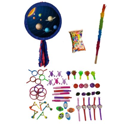 Pinata planete cu 52 de accesorii de petrecere, Pinastar, 50 de jucarii, bat si confetti