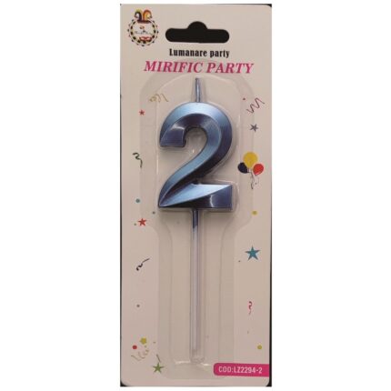 Lumanare tort albastru metalizat tridimensional, 12 cm, cifra 2