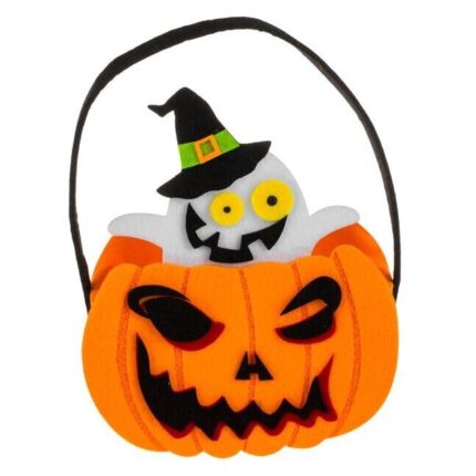 Cos Decorativ Trick or Treat din Pasla Portocalie Dovleac Fantoma Halloween 15.5x8x18.5cm