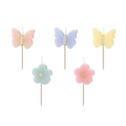 Set 5 lumanari pentru tort, Party Deco, Forma fluturi si flori, 3.5 cm, Multicolor