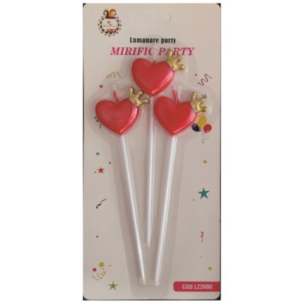 Set 3 lumanari tort rosu, auriu, 15 cm, inima