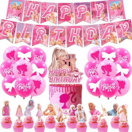 Set 18 baloane copii, Barbie, Petrecere Aniversara, Latex, 1 Banner La multi ani, 12 Cupcake Topper, 1 Cake Topper, Multicolor