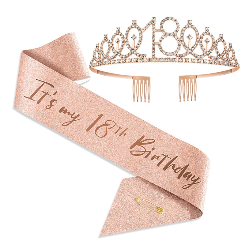 Set panglica de umar si coronita, Metal, Pentru 18 ani, Auriu/Roz