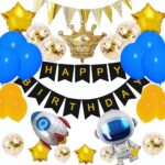 Set 42 de baloane pentru aniversare, Astronauti si nave spatiale, banner Happy Birthday, decoratiuni petrecere multicolor, 35x 23x 2cm
