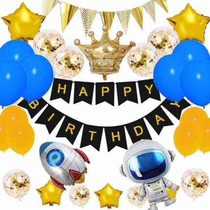 Set 42 de baloane pentru aniversare, Astronauti si nave spatiale, banner Happy Birthday, decoratiuni petrecere multicolor, 35x 23x 2cm