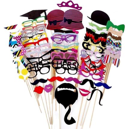 Set 76 accesorii pentru petrecere, BOMSTOM, foto props, mustata, palarie si ochelari, multicolor