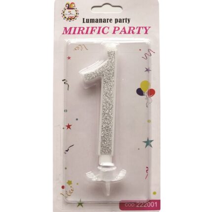 Lumanare tort argintiu cu sclipici, 14 cm, cifra 1