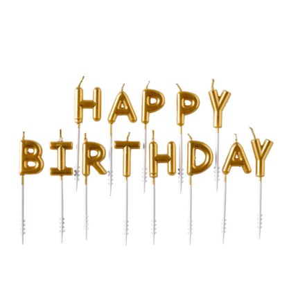 Set 13 lumanari pentru tort Happy Birthday, It's Party Time, culoare auriu