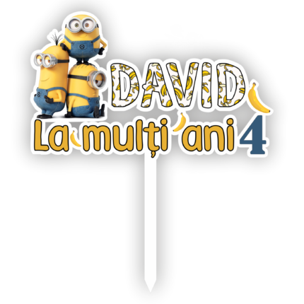 Topper tort UV Personalizat cu nume si varsta Minion, Inedit Print, TC629, MDF, 10 cm