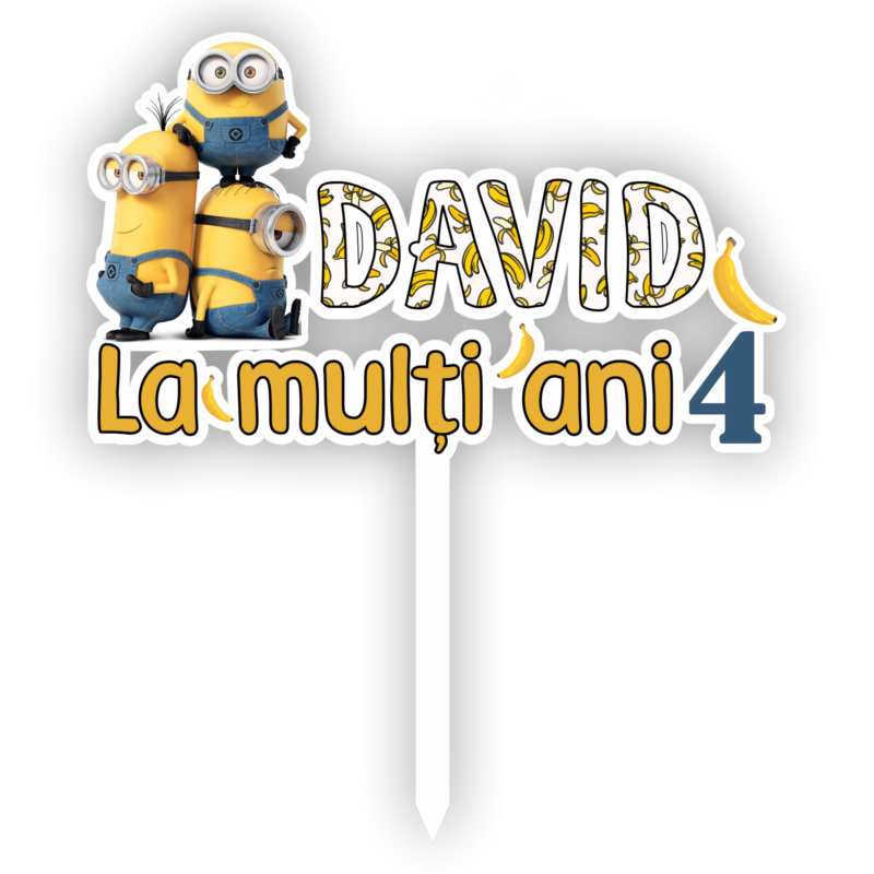 Topper tort UV Personalizat cu nume si varsta Minion, Inedit Print, TC629, MDF, 10 cm
