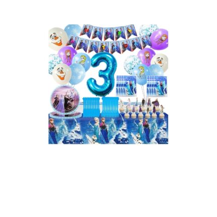 Set de Accesorii pentru Aniversarea de 3 Ani Frozen, Incluzand Farfurii, Fata de Masa, Punga Cadou, Baloane, Ghirlanda, Toper pentru Briose, Cutite si Furculite, pentru 10 Persoane