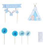 Set de 6 decoratiuni pentru tort Kuaowt, lemn/hartie, albastru