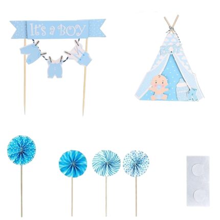 Set de 6 decoratiuni pentru tort Kuaowt, lemn/hartie, albastru