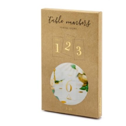 Numere de masa, PartyDeco, 7x12 cm, 20 buc, Auriu/Transparent