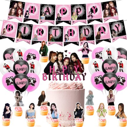 Set 18 baloane copii, black pink, Petrecere Aniversara, Latex, 1 Banner La multi ani, 12 Cupcake Topper, 1 Cake Topper, Multicolor