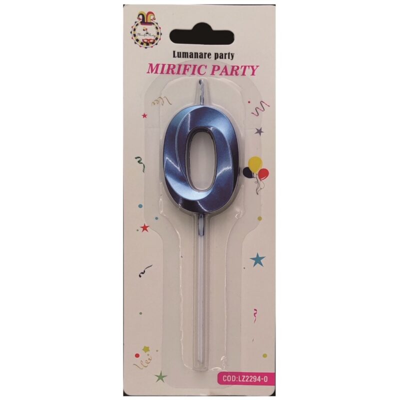 Lumanare tort albastru metalizat tridimensional, 12 cm, cifra 0