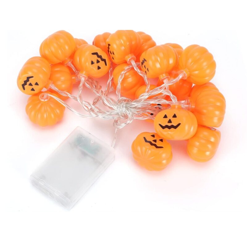 Snur de lumini dovleac de Halloween, SINBINTA, 3 m, 20 de lumini, Rezistent la apa IP44, 2 moduri de iluminare, Pentru decorarea sarbatorilor, Exterior, Pentru gradina, terasa, veranda si foisor, PVC, Portocaliu/Negru