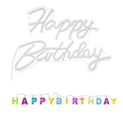 Set Lampa LED Neon Alb Cald 40.8x29.5cm + Ghirlanda de Lumini Litere 122cm - Happy Birthday