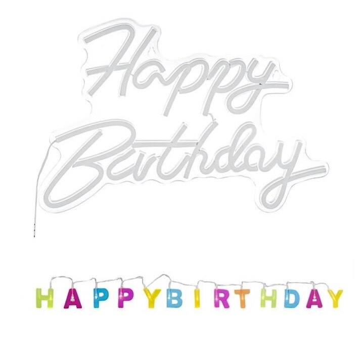 Set Lampa LED Neon Alb Cald 40.8x29.5cm + Ghirlanda de Lumini Litere 122cm - Happy Birthday