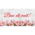 Banner "Bine ati venit" model cu flori roz, 60 x 120 cm