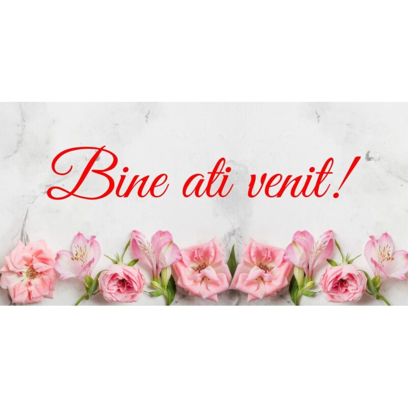 Banner "Bine ati venit" model cu flori roz, 60 x 120 cm