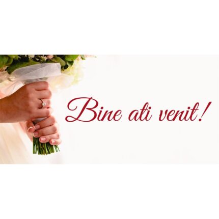 Banner "Bine ati venit" model pentru nunta cu buchet si rochie, 60 x 120 cm