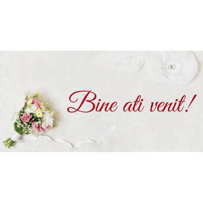 Banner "Bine ati venit" model cu buchet de flori si verighete, 60 x 120 cm