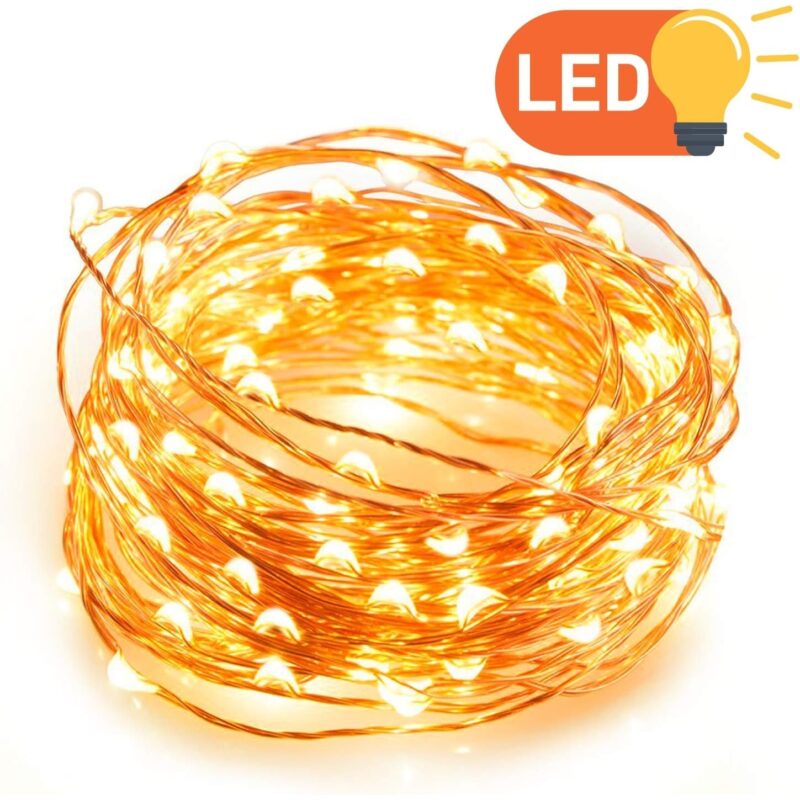 Set lumini decorative, 10m, 100 LED-uri, sarma cupru, rezistent la apa, alb cald