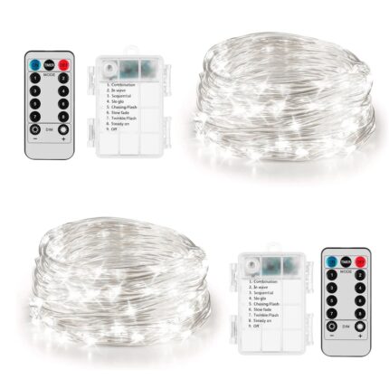 Pachet de 2 lumini de 16 picioare 50 LED alimentate cu baterii de Craciun, gradina, dormitor (comanda de la distanta), alb