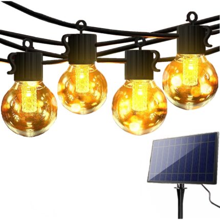 Ghirlanda luminoasa LED de 15 m cu 50 becuri, cu panou solar, 3200 K, impermeabil IP65, pentru interior si exterior, gradina, balcon, terasa