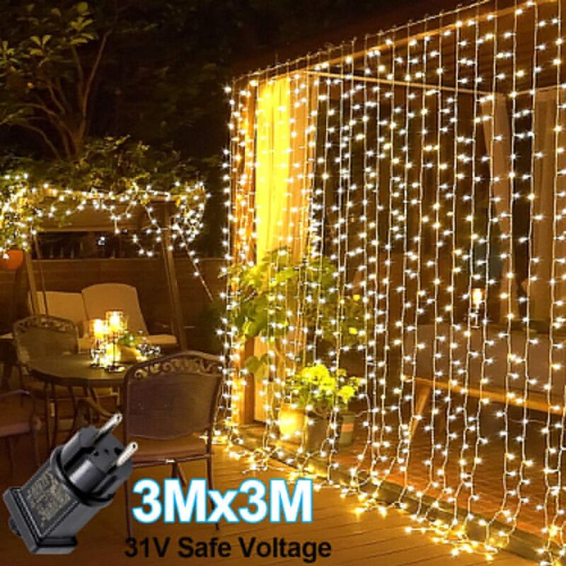 Set Lumini LED pentru Perdea, Impermeabil IP44, Functie de Memorie, Alb Cald, 3x3m
