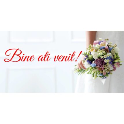 Banner "Bine ati venit" model pentru nunta cu buchet, 50x100 cm