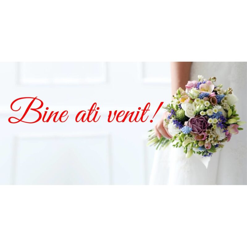 Banner "Bine ati venit" model pentru nunta cu buchet, 50x100 cm
