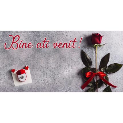 Banner "Bine ati venit" model cu trandafir rosu si verighete, 60 x 120 cm