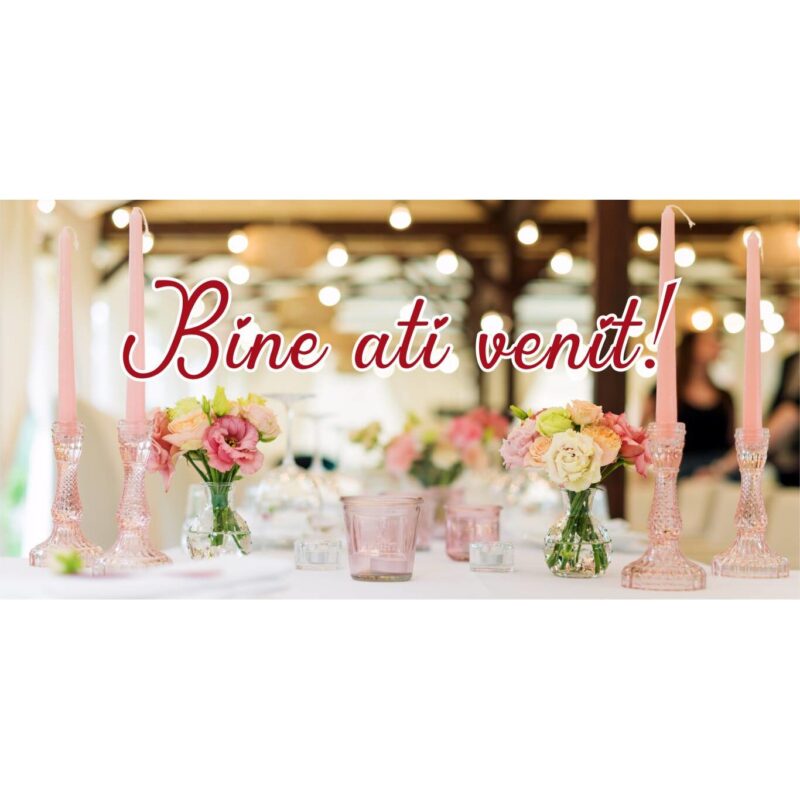 Banner "Bine ati venit" model cu scris rosu pe masa festiva, 60 x 120 cm