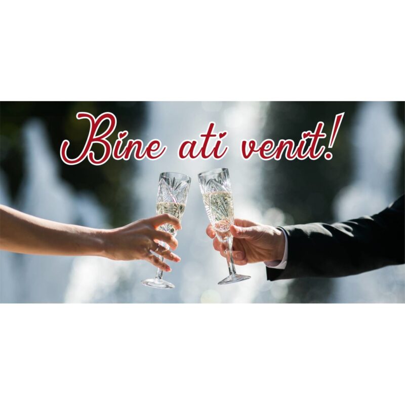 Banner "Bine ati venit" model cu miri ciocnind pahare, 60 x 120 cm