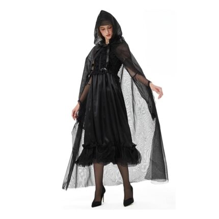 Costum de Vrajitoare pentru fete, BARVERE, Set cu rochie, pelerina din voal, maneci si tatuaje, tinuta pentru Halloween, marimea S, Negru