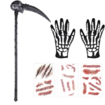 Accesorii pentru Halloween, BARVERE, Set cu tatuaje, coasa cu craniu si manusi cu schelet, tinuta cosplay Grim Reaper, costumatie, bal mascat, Negru
