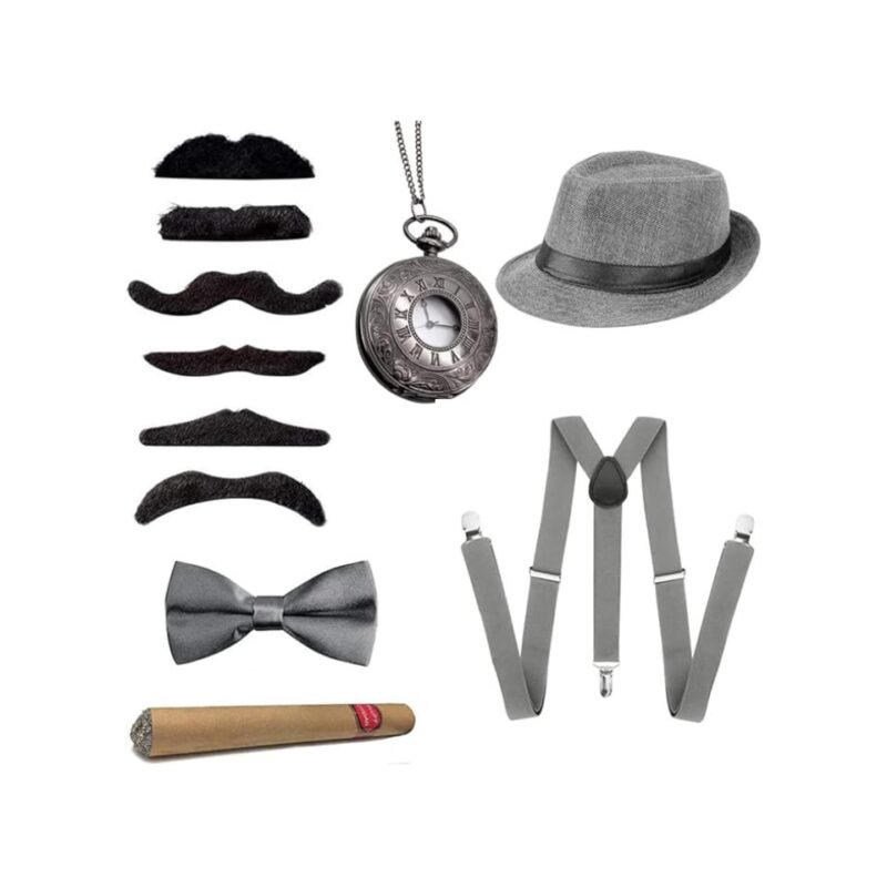 Costum de gangster din anii 1920, cu bretele elastice ajustabile, palarie, si accesorii, Gri