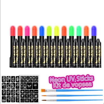 Set vopsea de fata si corp UV neon, fluorescenta, 12 culori, multicolor, solubila in apa, pentru petreceri si Halloween