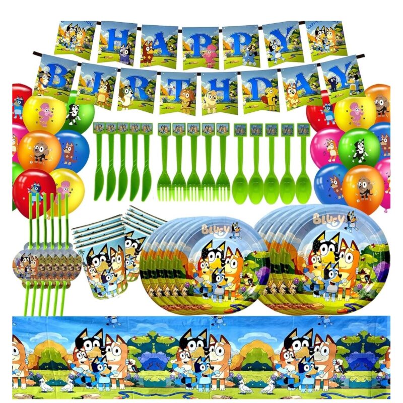 Set 127 piese vesela petrecere Bluey pentru 10 copii ANTADESIM, stegulete decorative, fata de masa, servetele, pahare, farfurii, paie, linguri, furculite, cutite + baloane, Albastru si Verde