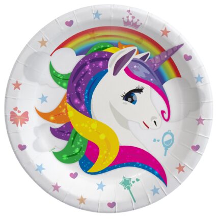 Set 8 Farfurii Petrecere, 23cm, print Unicorn Rainbow, UN6173, Multicolor