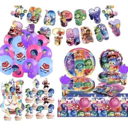 Set 128 piese vesela petrecere Inside Out pentru 10 copii ANTADESIM, stegulete decorative, fata de masa, servetele, decoratiuni tort, pahare, farfurii, linguri, furculite, cutite + baloane Intors pe Dos, Mov