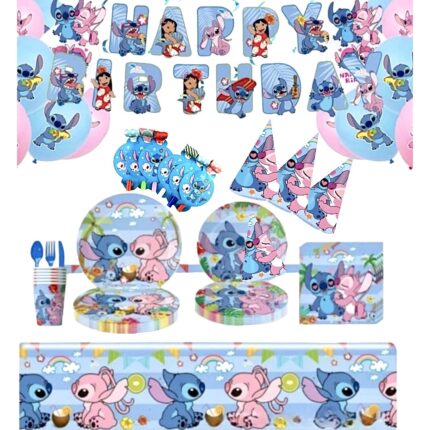 Set 147 piese vesela petrecere Lilo & Stitch pentru 10 copii, stegulete decorative, fata de masa, servetele, pahare, farfurii, dragoni care sufla, paie, coifuri, linguri, furculite, cutite, baloane, Bleu si Roz