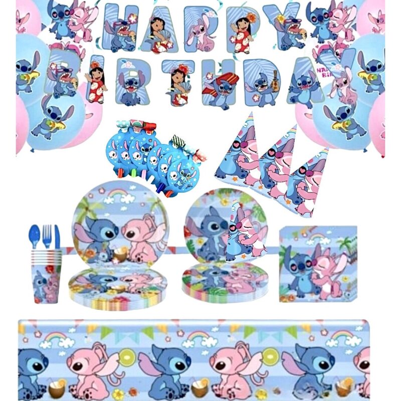 Set 147 piese vesela petrecere Lilo & Stitch pentru 10 copii, stegulete decorative, fata de masa, servetele, pahare, farfurii, dragoni care sufla, paie, coifuri, linguri, furculite, cutite, baloane, Bleu si Roz