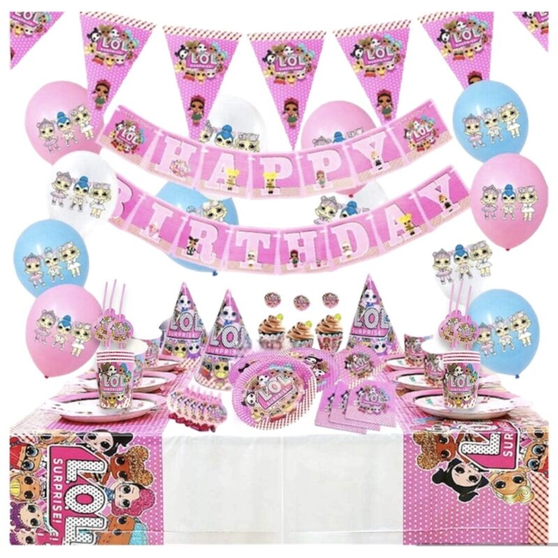 Set 128 piese vesela petrecere LOL Surprise pentru 10 copii, stegulete decorative, fata de masa, paie, coifuri, servetele, pahare, farfurii, paie, linguri, furculite, cutite + baloane, Roz