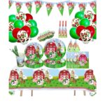 Set 147 piese vesela petrecere Animale de la Ferma pentru 10 copii, stegulete decorative, fata de masa, servetele, pahare, farfurii, dragoni care sufla, paie, coifuri, linguri, furculite, cutite, baloane, Verde si Rosu