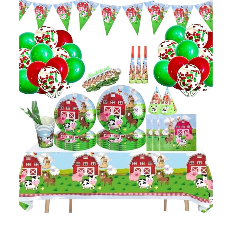 Set 147 piese vesela petrecere Animale de la Ferma pentru 10 copii, stegulete decorative, fata de masa, servetele, pahare, farfurii, dragoni care sufla, paie, coifuri, linguri, furculite, cutite, baloane, Verde si Rosu