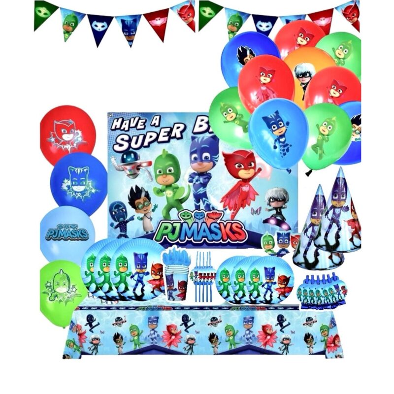 Set 147 piese vesela petrecere Eroi in Pijamale pentru 10 copii ANTADESIM, stegulete decorative, fata de masa, servetele, pahare, farfurii, dragoni care sufla, paie, linguri, furculite, cutite, baloane, Albastru